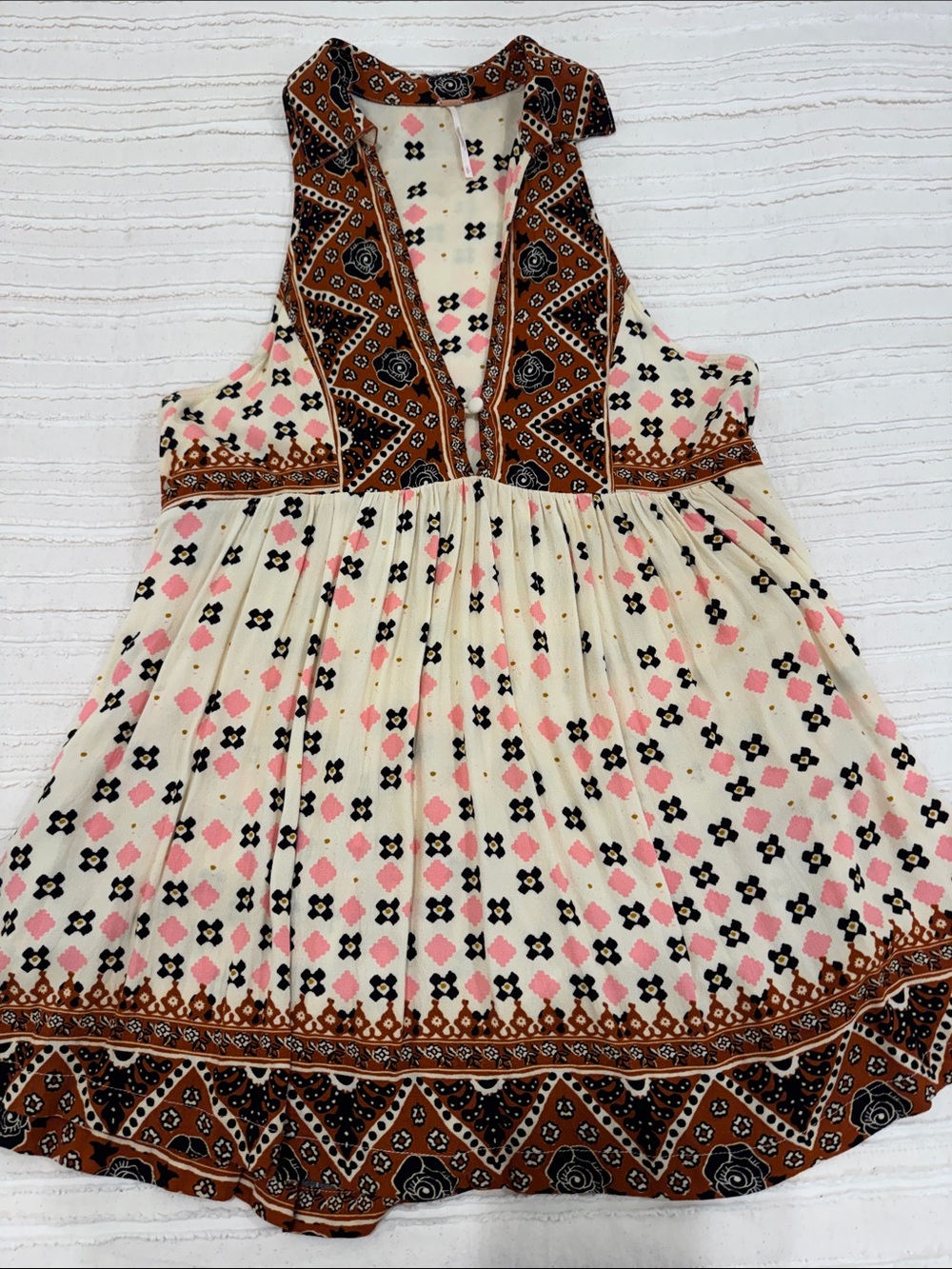 Free People Cream Mini Dress Tunic with Brown & Pink Geometric Print